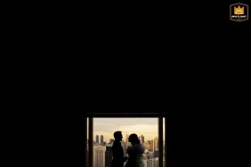 The Conrad Bangkok hotel provides the dramatic setting for a newly married couple captured in a striking silhouette, perfectly framed within a brightly lit, elegant doorway.